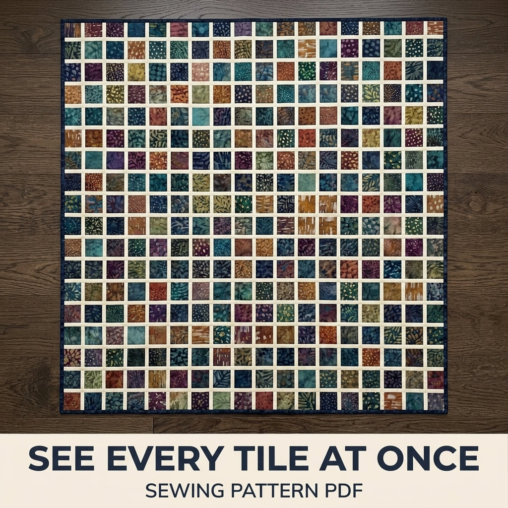 Modern Mosaic Quilt Pattern PDF – Small Squares Throw Quilt with Narrow Sashing for Batik Fabrics