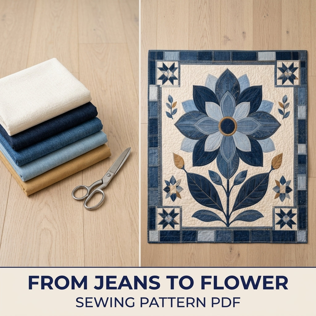 Denim Flower Medallion Quilt Sewing Pattern PDF – Upcycled Jeans Appliqué Quilt