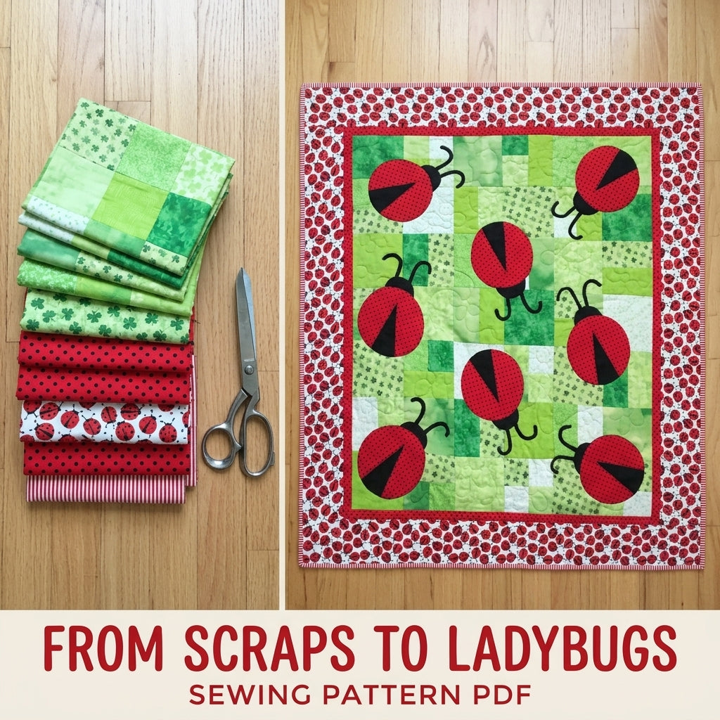 Ladybug Meadow Quilt Sewing Pattern PDF – Appliqué Ladybug Quilt on Green Patchwork