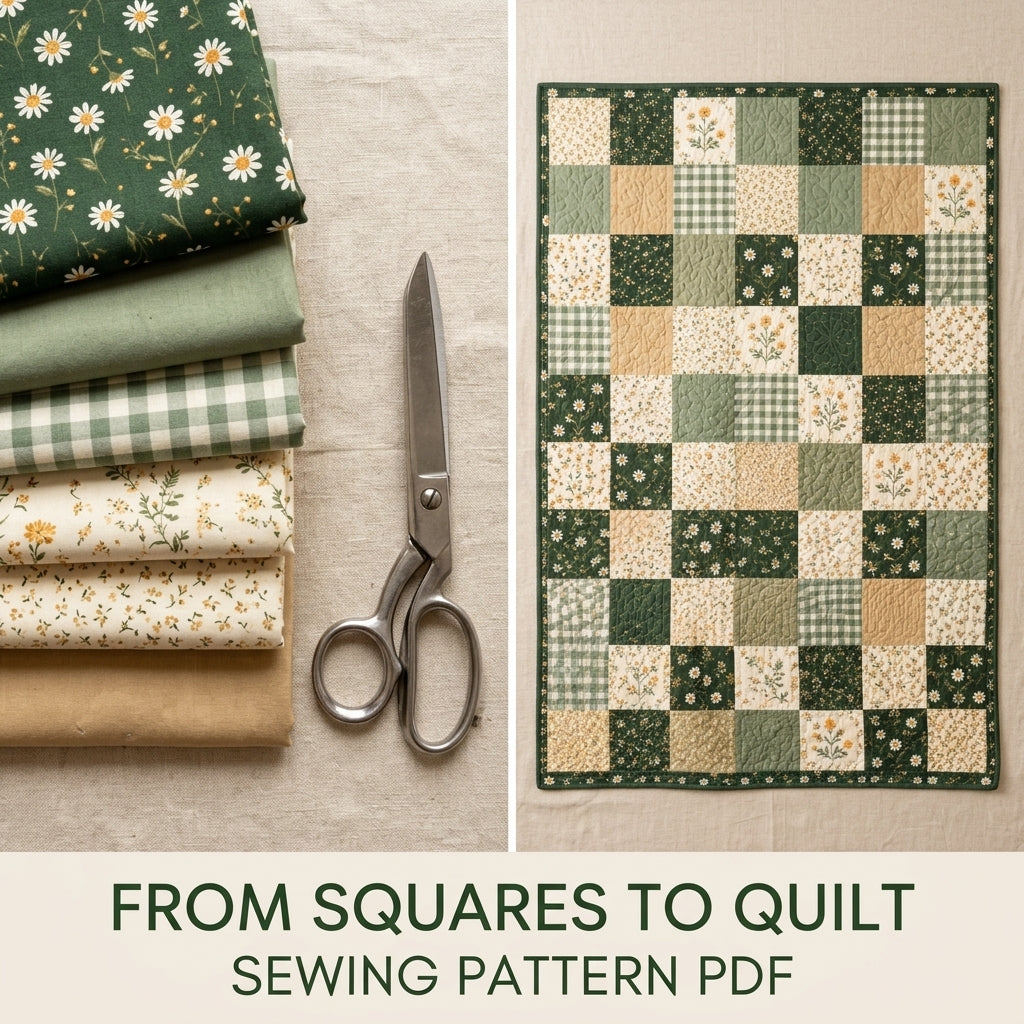 Green Meadow Patchwork Quilt Sewing Pattern PDF – Easy Squares Green Floral Quilt