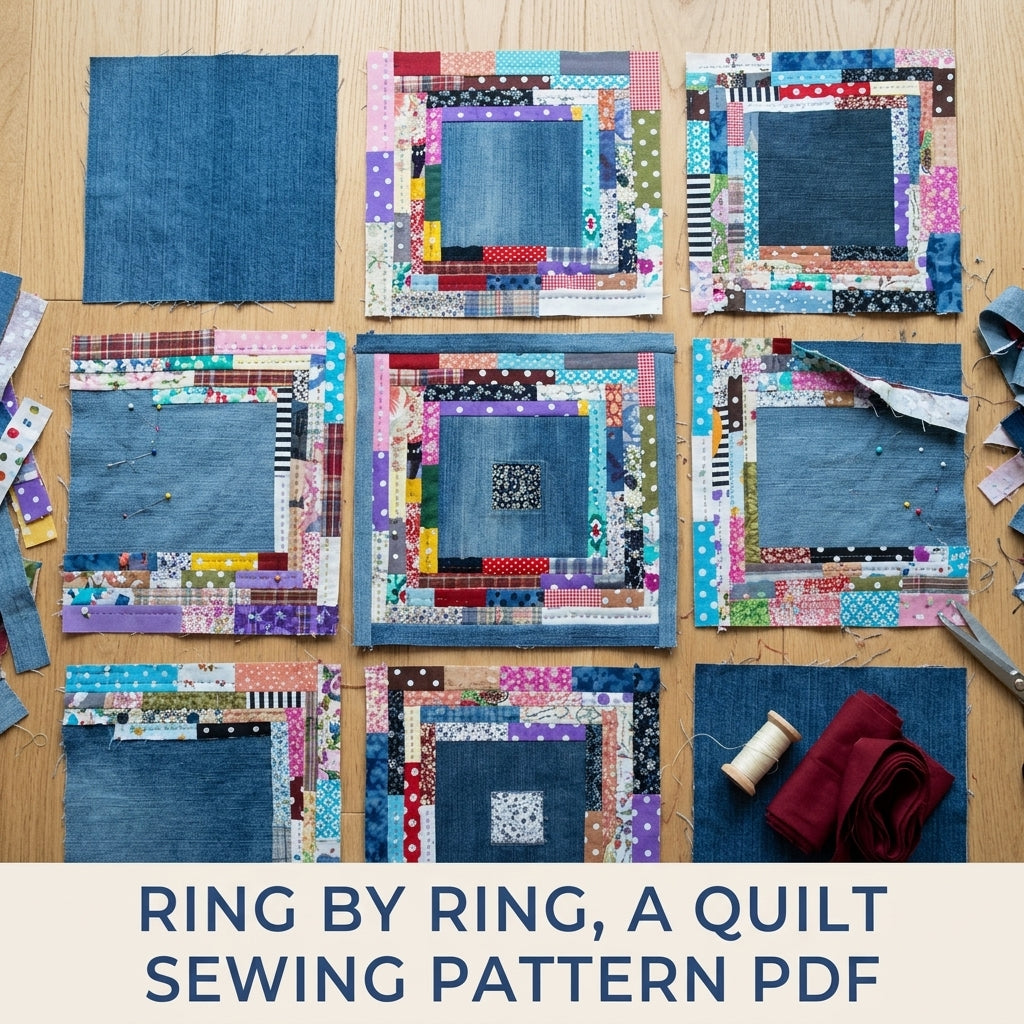 Scrappy Denim Square Quilt Sewing Pattern PDF – Upcycled Jeans Log Cabin Quilt