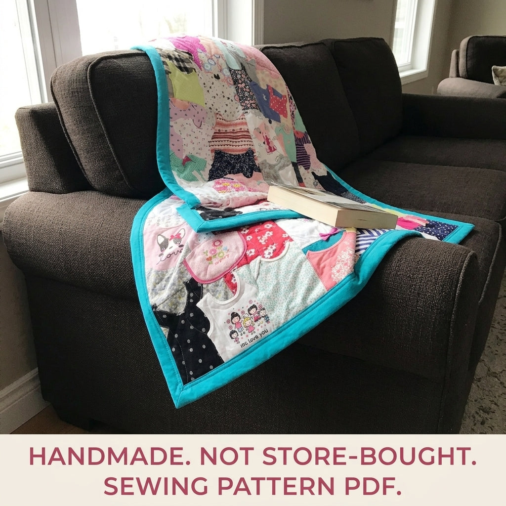 Teal Border Onesie Memory Quilt Sewing Pattern PDF – Baby Clothes Keepsake Quilt with Teal Border