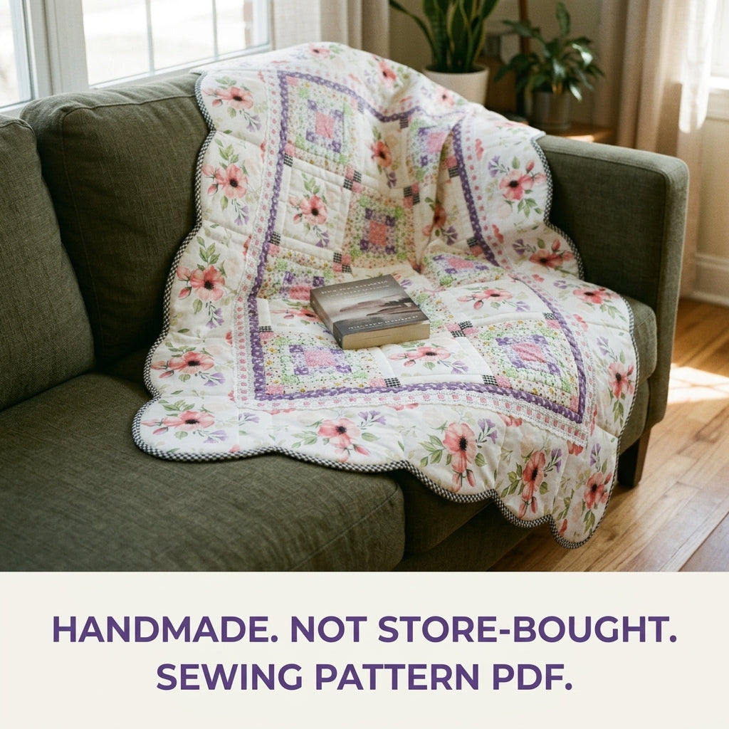 Scalloped Floral Border Quilt Pattern PDF – Romantic Quilt with Lace and Gingham Binding