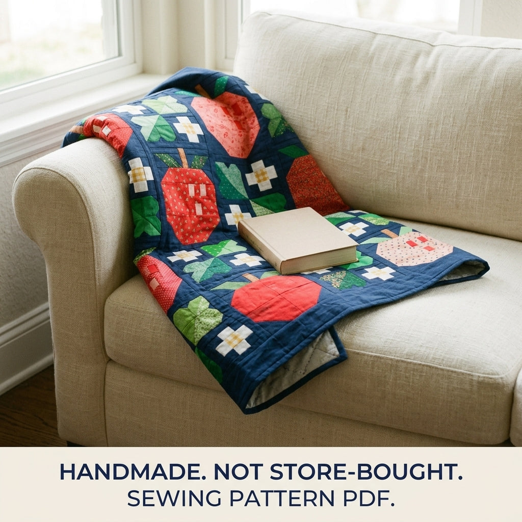 Apple Orchard Quilt Pattern PDF – Pieced Apple and Blossom Block Throw on Navy