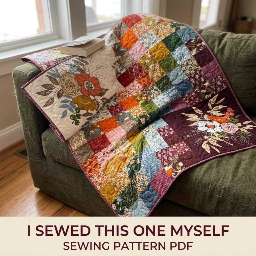 Floral Panel Scrappy Quilt Pattern PDF – Big Print Showcase Throw with Patchwork Squares