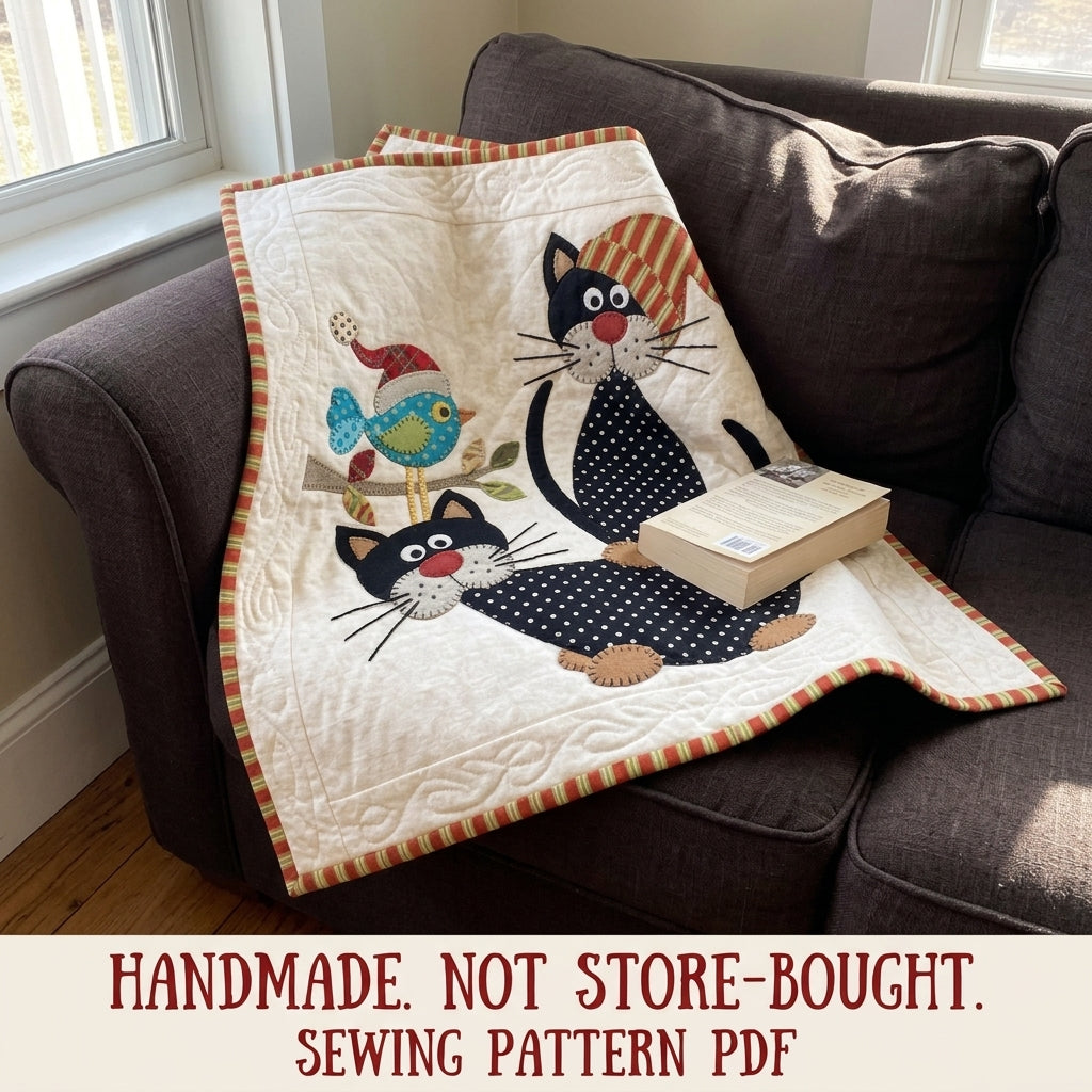 Polka Dot Cats Quilt Sewing Pattern PDF – Folk Cat Appliqué Lap Quilt