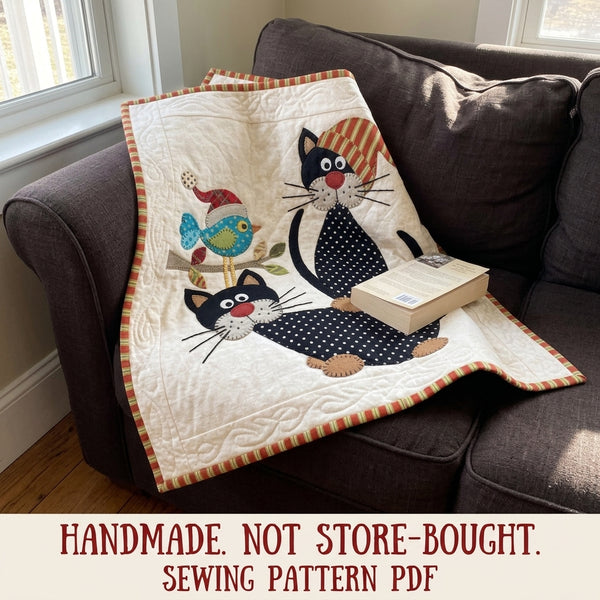 Polka Dot Cats Quilt Sewing Pattern PDF – Folk Cat Appliqué Lap Quilt
