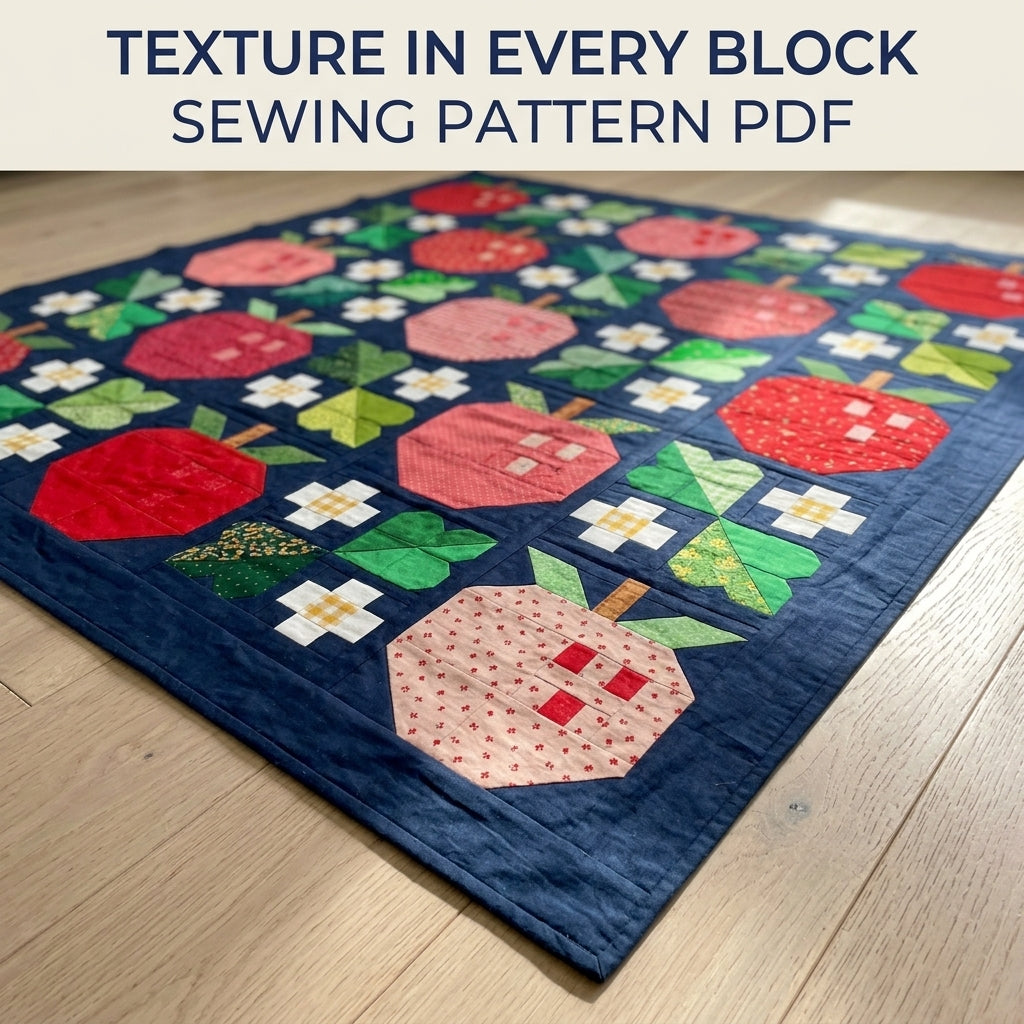 Apple Orchard Quilt Pattern PDF – Pieced Apple and Blossom Block Throw on Navy