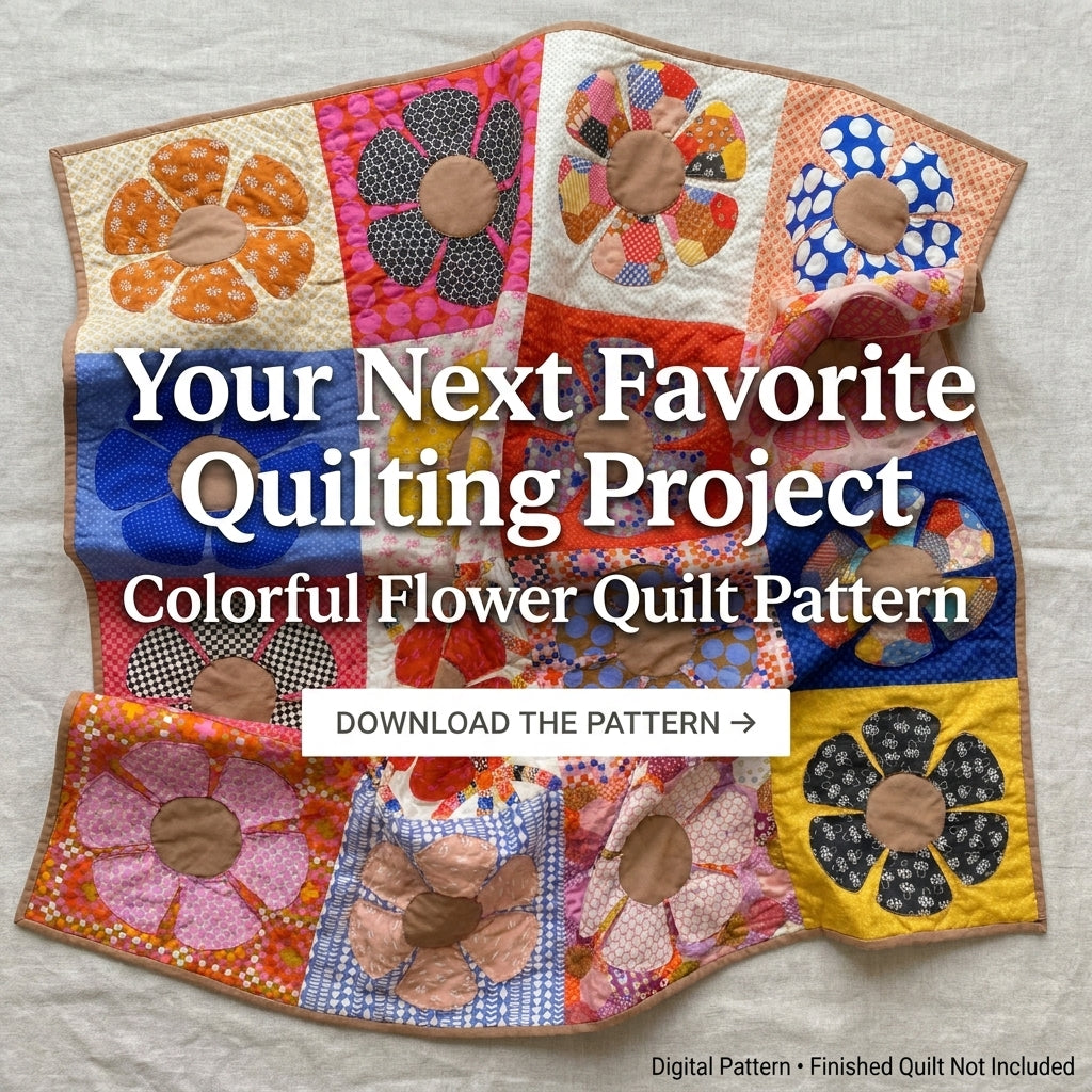 Retro Flower Quilt Pattern | Appliqué Petal Blocks in Scrappy Prints | Beginner Quilt with Full-Size Templates | PDF Instant Download