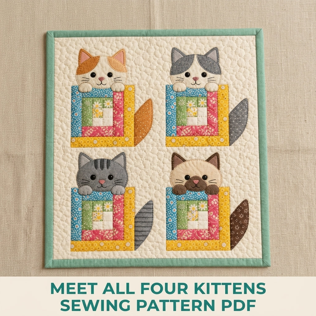 Log Cabin Kitty Mini Quilt Sewing Pattern PDF – Cat Appliqué Wall Quilt