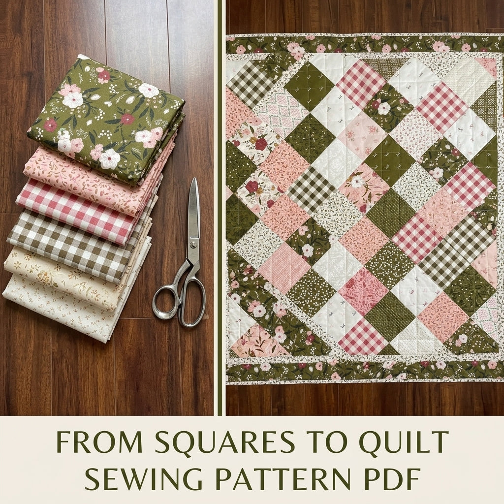 Olive and Pink Garden Patchwork Quilt Sewing Pattern PDF – Easy Squares Quilt