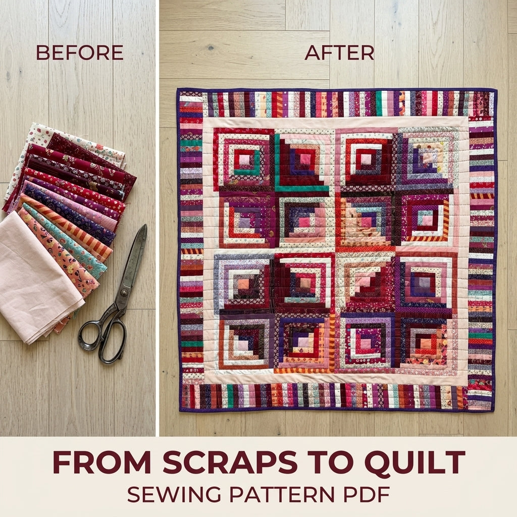 Scrappy Log Cabin Piano Key Quilt Sewing Pattern PDF – Square Throw Quilt