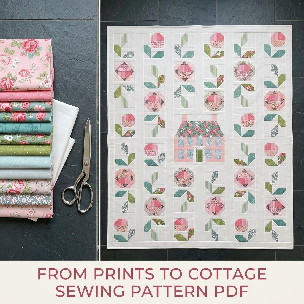 Cottage Garden Quilt Pattern PDF – Column Flower Quilt with Pieced House Block