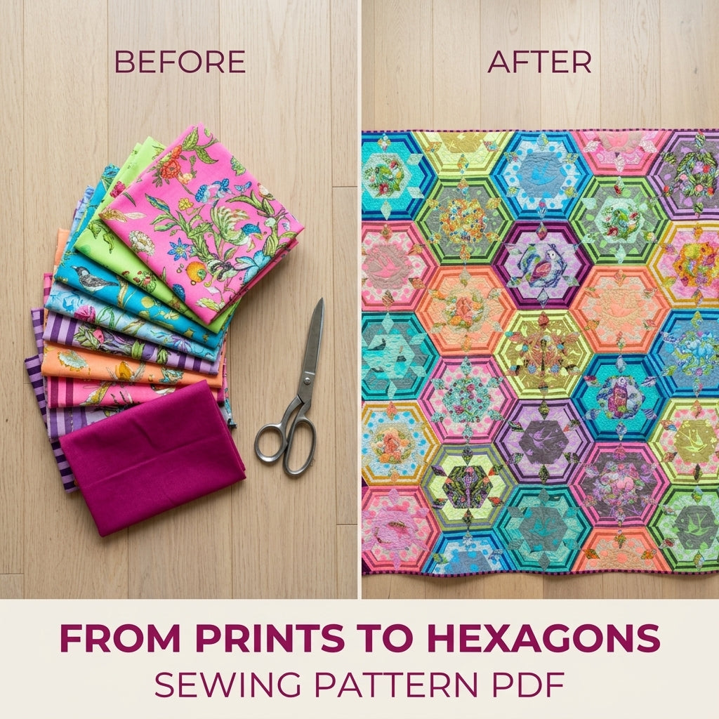 Framed Hexagon Feature Quilt Pattern PDF – Fussy Cut Hexagon Quilt for Big Prints