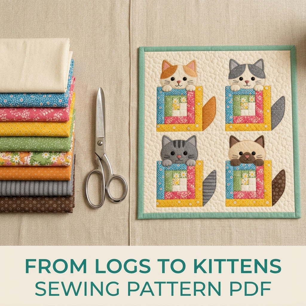 Log Cabin Kitty Mini Quilt Sewing Pattern PDF – Cat Appliqué Wall Quilt