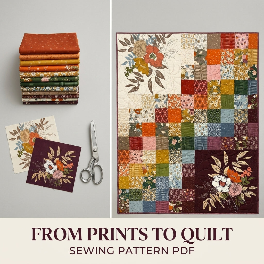 Floral Panel Patchwork Quilt Sewing Pattern PDF – Easy Squares Quilt with Large Print Blocks