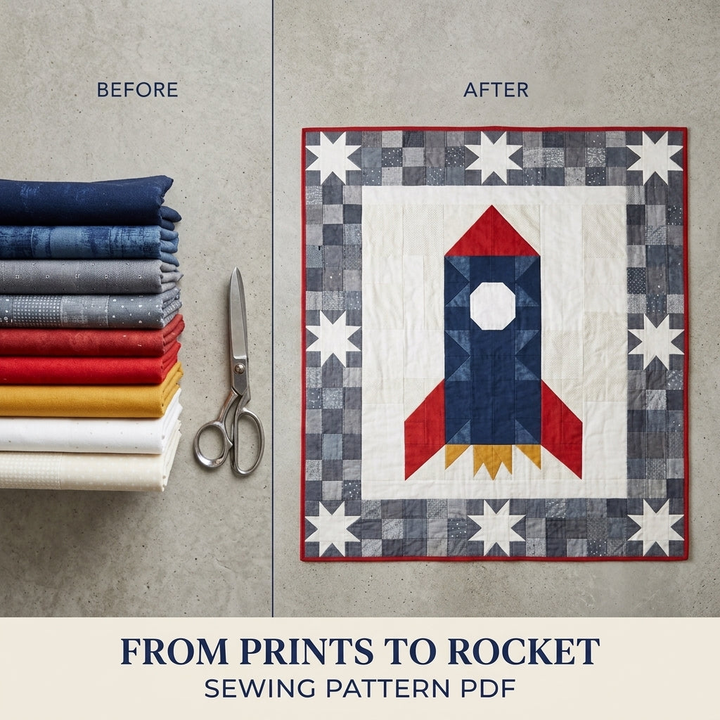 Rocket Baby Quilt Pattern PDF – Space Pieced Nursery Quilt with Star Border