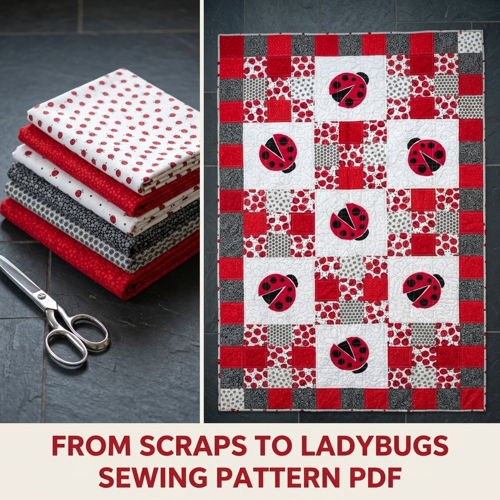 Scrappy Ladybug Patchwork Quilt Sewing Pattern PDF – Red and White Appliqué Quilt