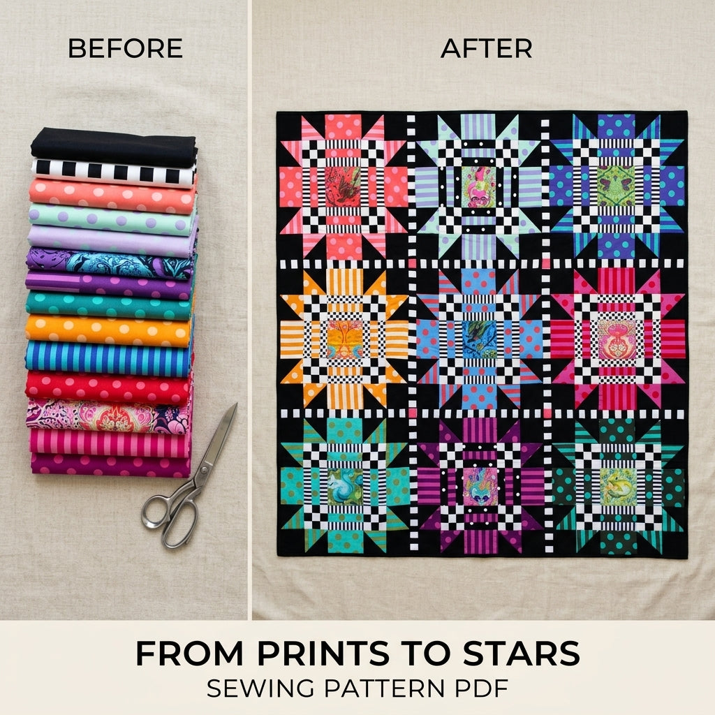 Star Checker Frame Quilt Pattern PDF – Bold Fussy Cut Star Block Quilt on Black