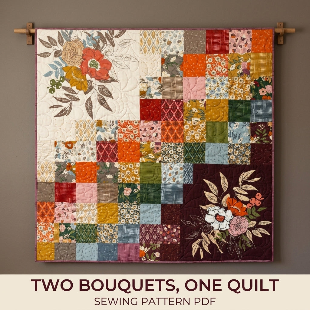 Floral Panel Scrappy Quilt Pattern PDF – Big Print Showcase Throw with Patchwork Squares