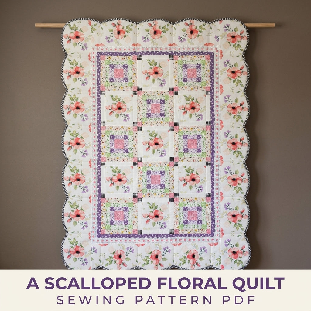 Scalloped Floral Border Quilt Pattern PDF – Romantic Quilt with Lace and Gingham Binding