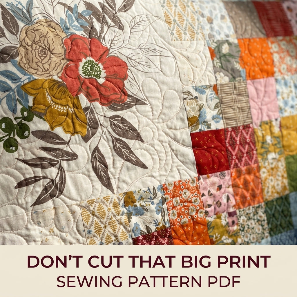 Floral Panel Scrappy Quilt Pattern PDF – Big Print Showcase Throw with Patchwork Squares
