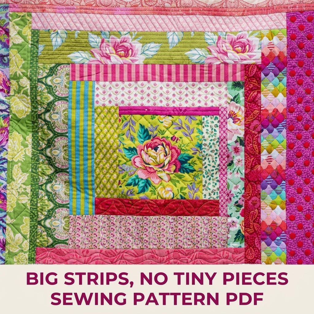 Pink Rose Log Cabin Medallion Quilt Pattern PDF – Big Strip Quilt for Large Prints