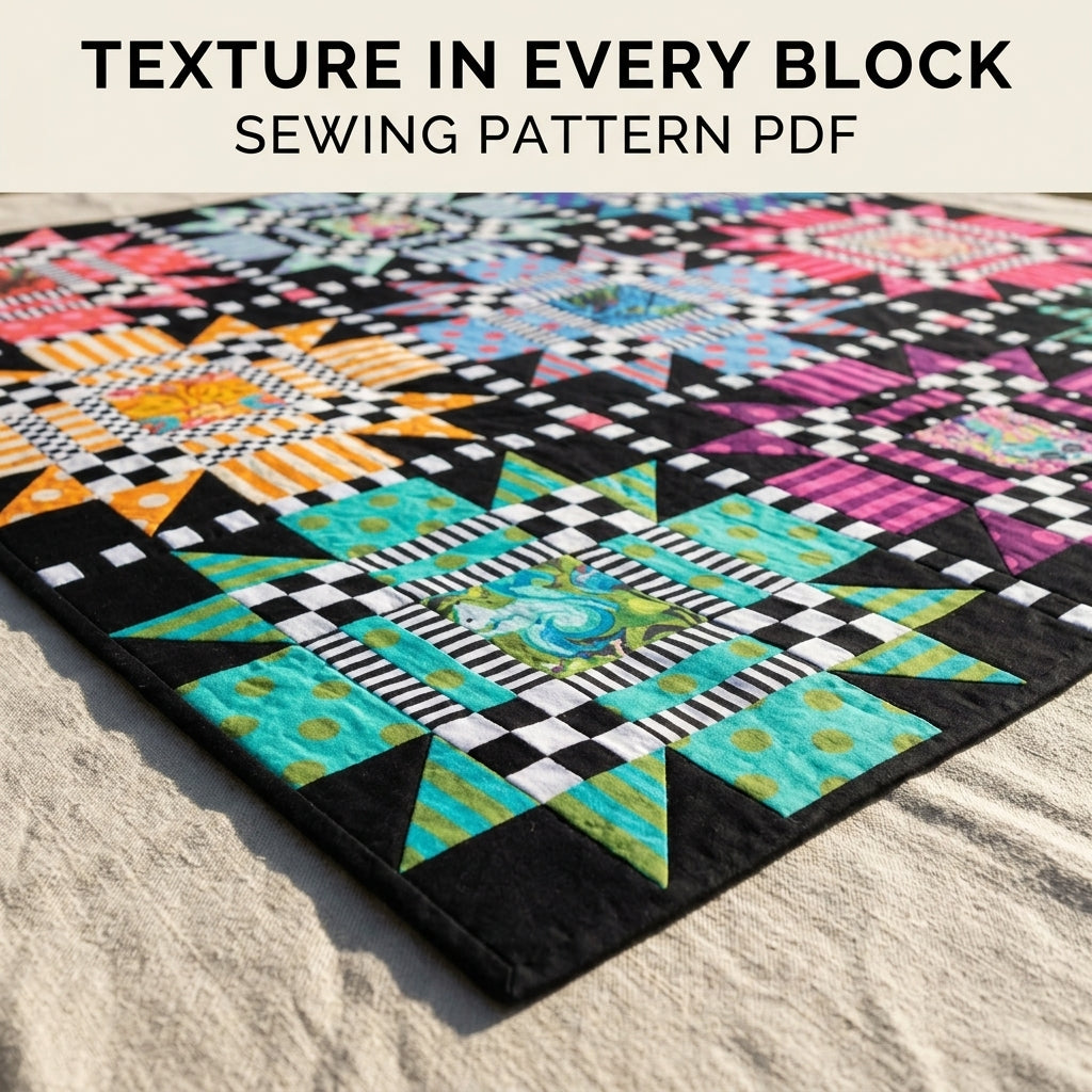 Star Checker Frame Quilt Pattern PDF – Bold Fussy Cut Star Block Quilt on Black