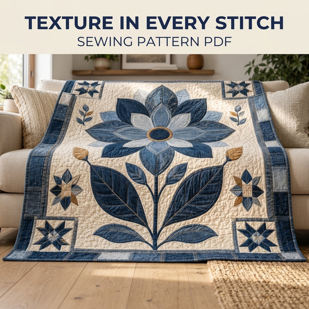 Denim Flower Medallion Quilt Sewing Pattern PDF – Upcycled Jeans Appliqué Quilt