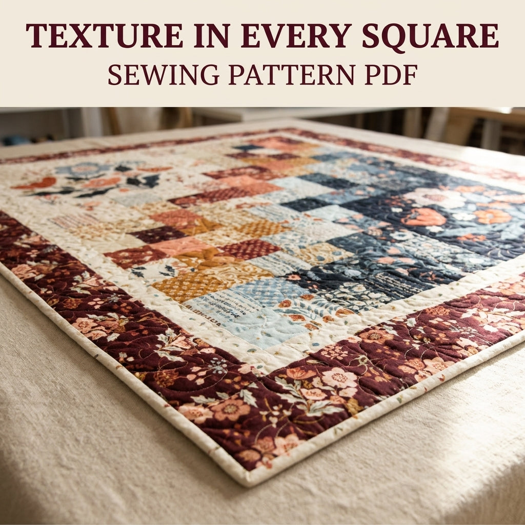 Navy and Burgundy Floral Panel Squares Quilt Sewing Pattern PDF – Easy Quilt with Two Large Print Blocks