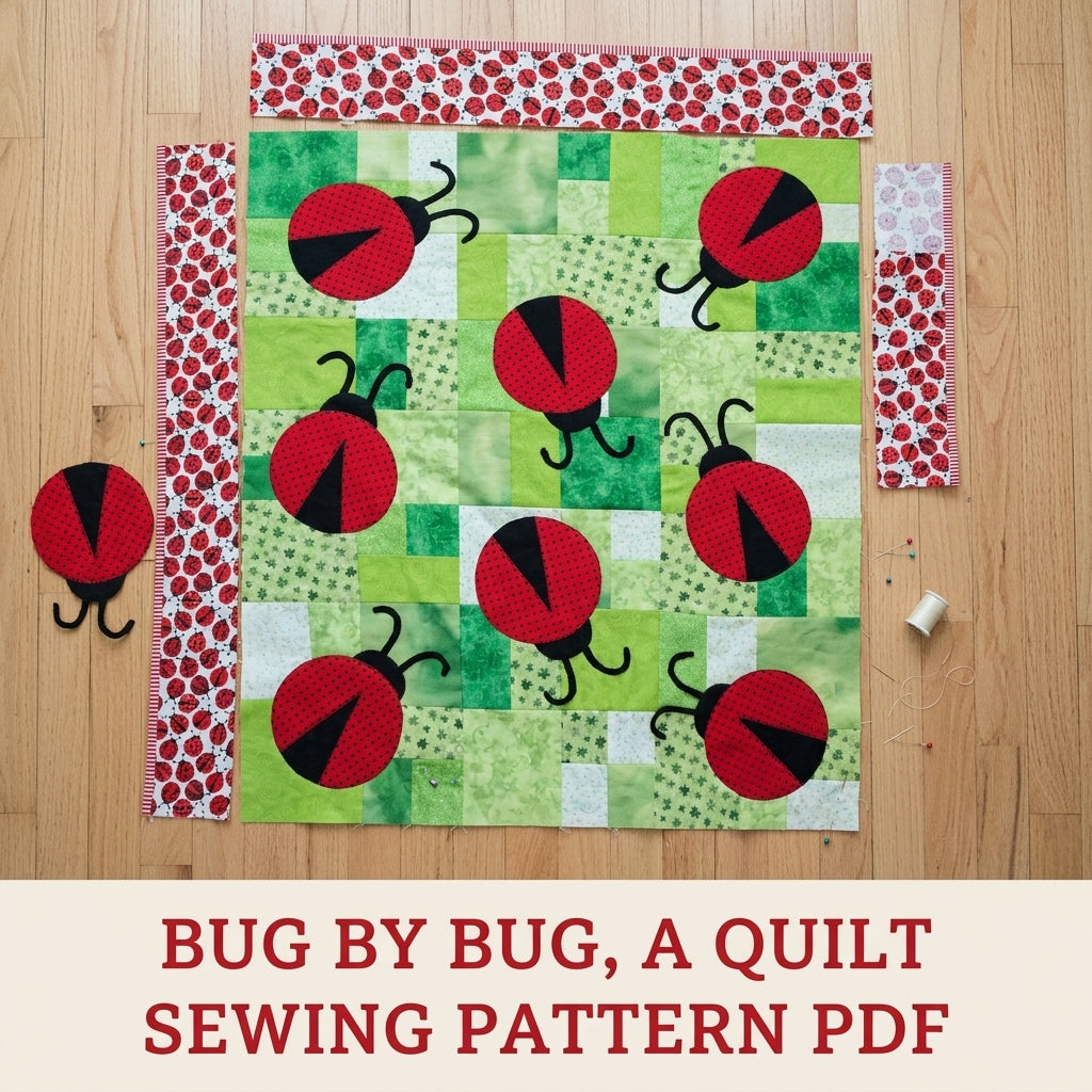 Ladybug Meadow Quilt Sewing Pattern PDF – Appliqué Ladybug Quilt on Green Patchwork