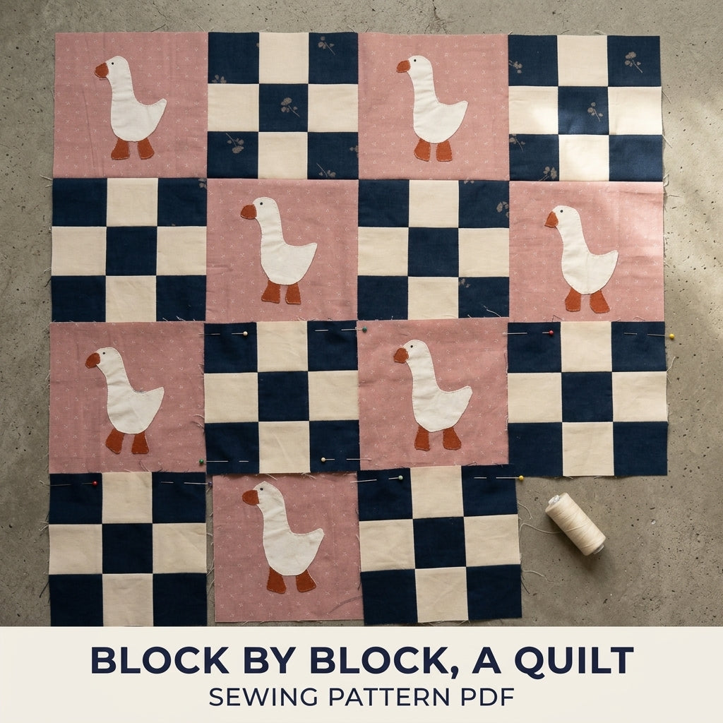 Goose Checkerboard Quilt Sewing Pattern PDF – Baby Quilt with Goose Appliqué