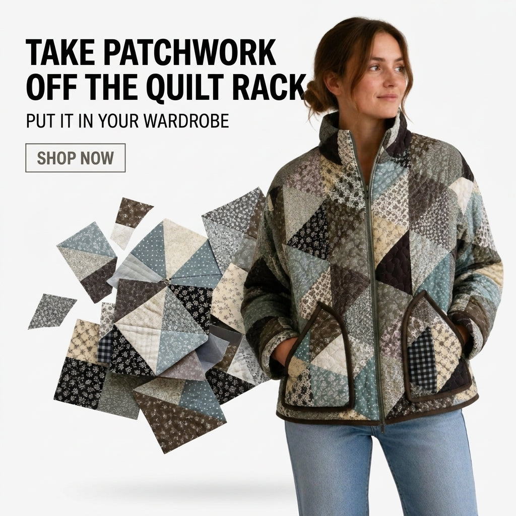 Patchwork Bomber Jacket Sewing Pattern — Quilted Zip Jacket with Funnel Collar, Sizes XS–3XL, A0 and A4 PDF