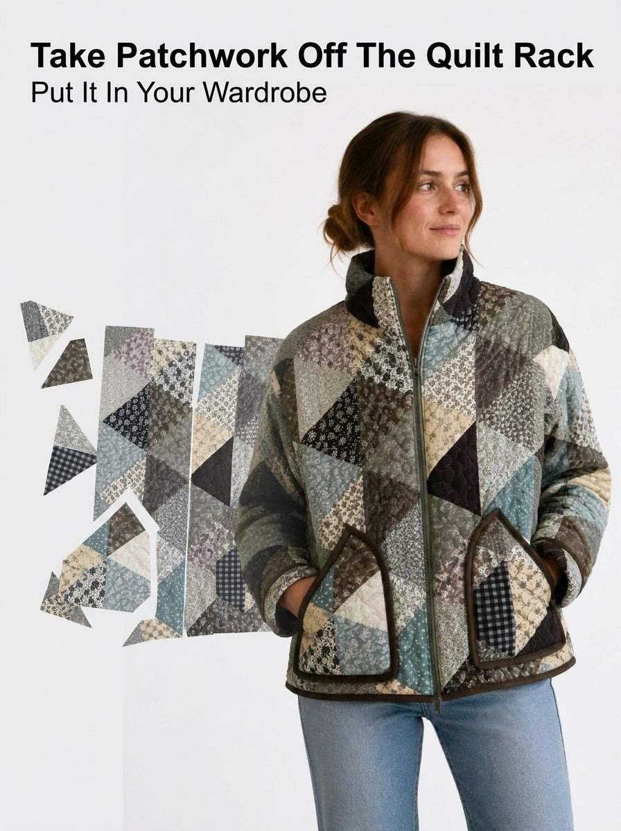 Patchwork Bomber Jacket Sewing Pattern — Quilted Zip Jacket with Funnel Collar, Sizes XS–3XL, A0 and A4 PDF