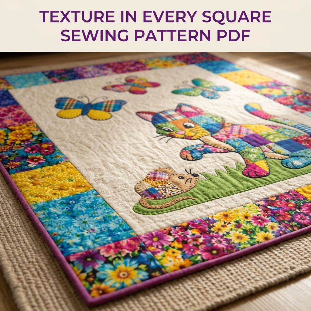 Patchwork Cat and Butterflies Quilt Sewing Pattern PDF – Scrappy Appliqué Quilt