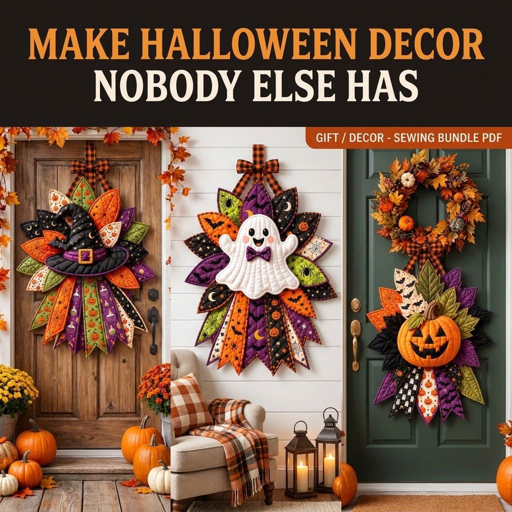 Halloween Door Hanger Patterns — 3 Quilted Fabric Designs in One PDF, Witch Hat, Ghost and Pumpkin, Beginner Friendly