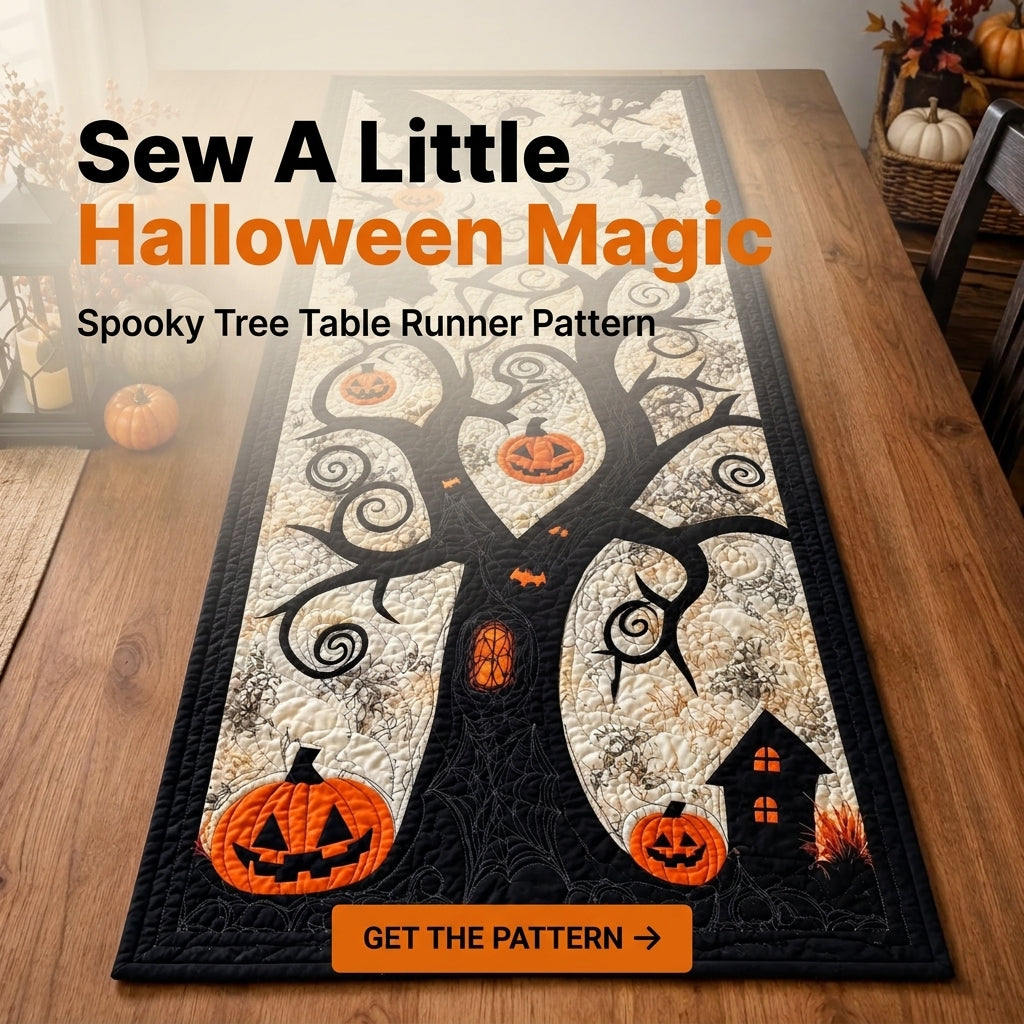 Halloween Table Runner PDF Quilt Pattern | Appliqué Spooky Tree with Jack-O'-Lanterns & Bats | Intermediate Quilting Project | Instant Download