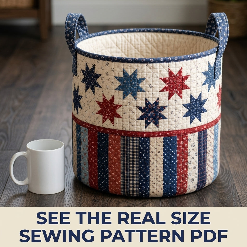 Stars and Stripes Quilted Basket Sewing Pattern PDF – Patchwork Star Storage Basket