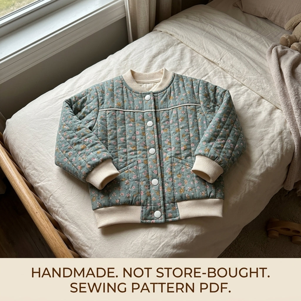 Children's Quilted Bomber Jacket Sewing Pattern PDF – Kids' Bomber with Rib Trims and Piping