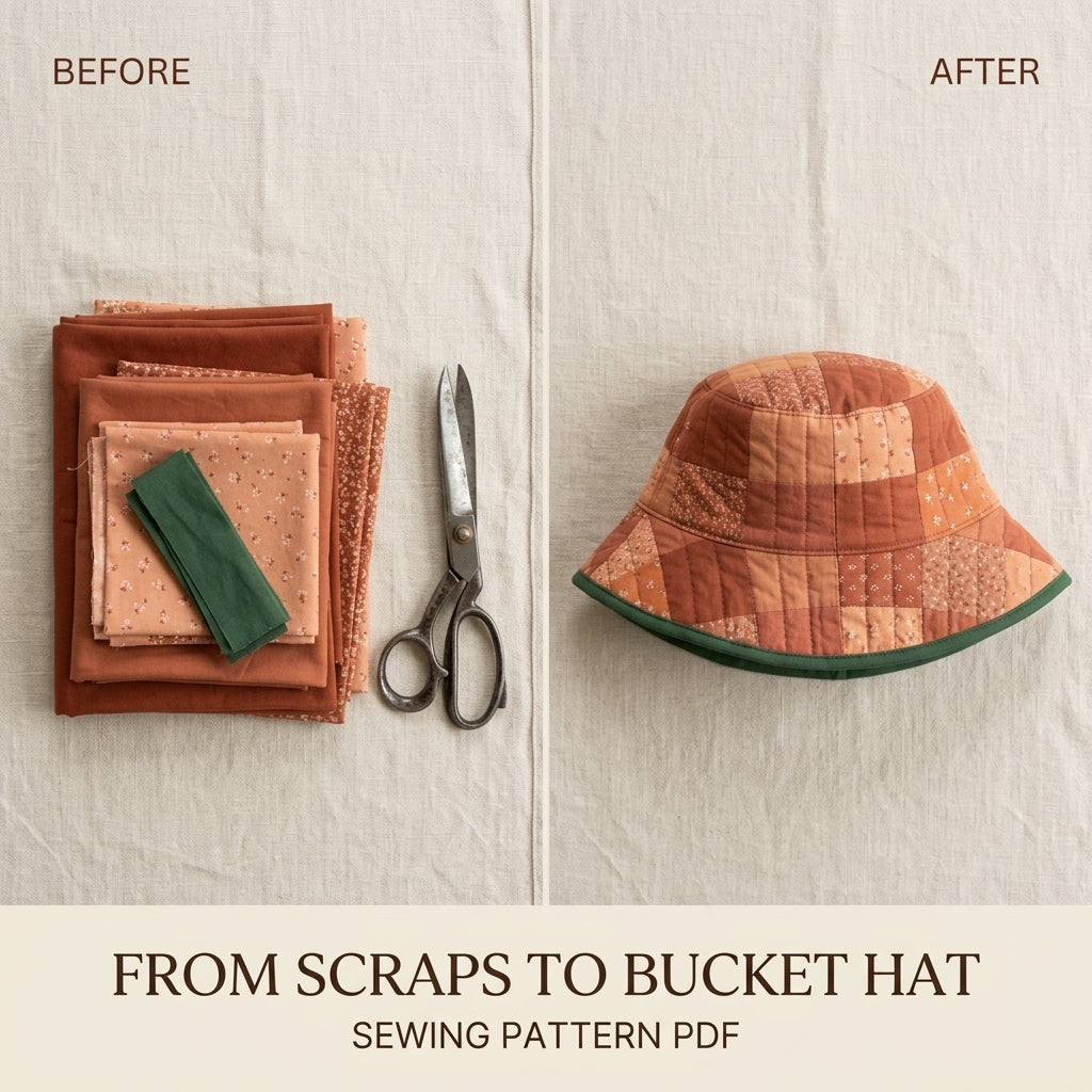 Quilted Bucket Hat Sewing Pattern PDF – Patchwork Quilt Bucket Hat with Bound Brim