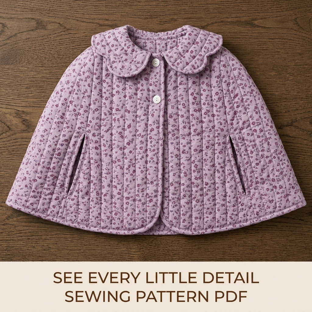 Children's Quilted Cape Sewing Pattern PDF – Girls' Cape with Scalloped Collar and Arm Slits