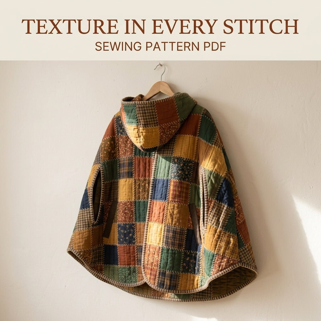 Hooded Patchwork Cape Sewing Pattern PDF – Quilted Autumn Cape with Hand Blanket Stitch Edges and Arm Slits