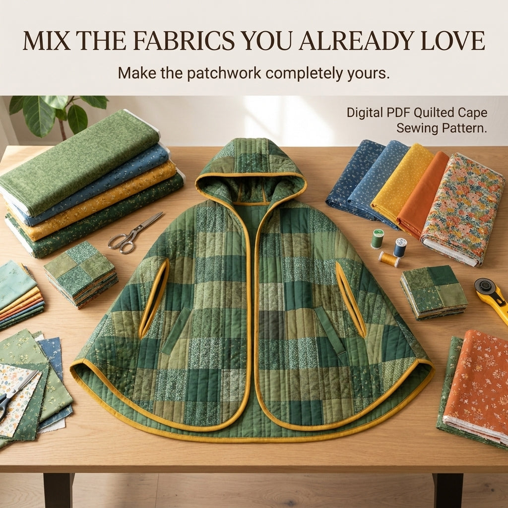Quilted Cape Sewing Pattern – Hooded Patchwork Cape with Arm Slits