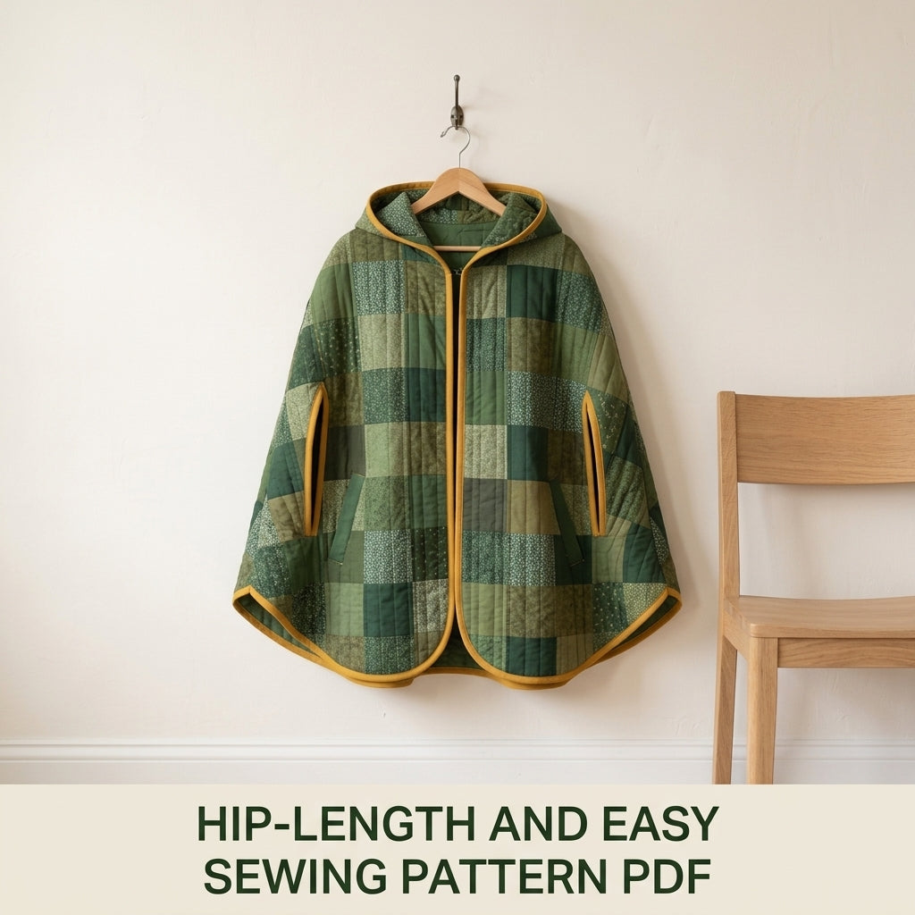 Hooded Patchwork Cape Sewing Pattern PDF – Green Quilted Cape with Arm Slits and Bias Binding