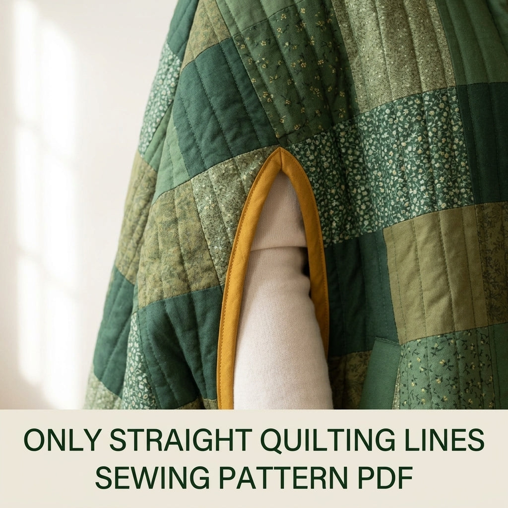 Hooded Patchwork Cape Sewing Pattern PDF – Green Quilted Cape with Arm Slits and Bias Binding