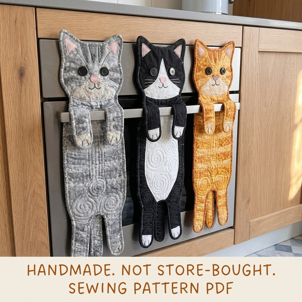 Quilted Cat Oven Towels Sewing Pattern PDF – Hanging Cat Kitchen Towels