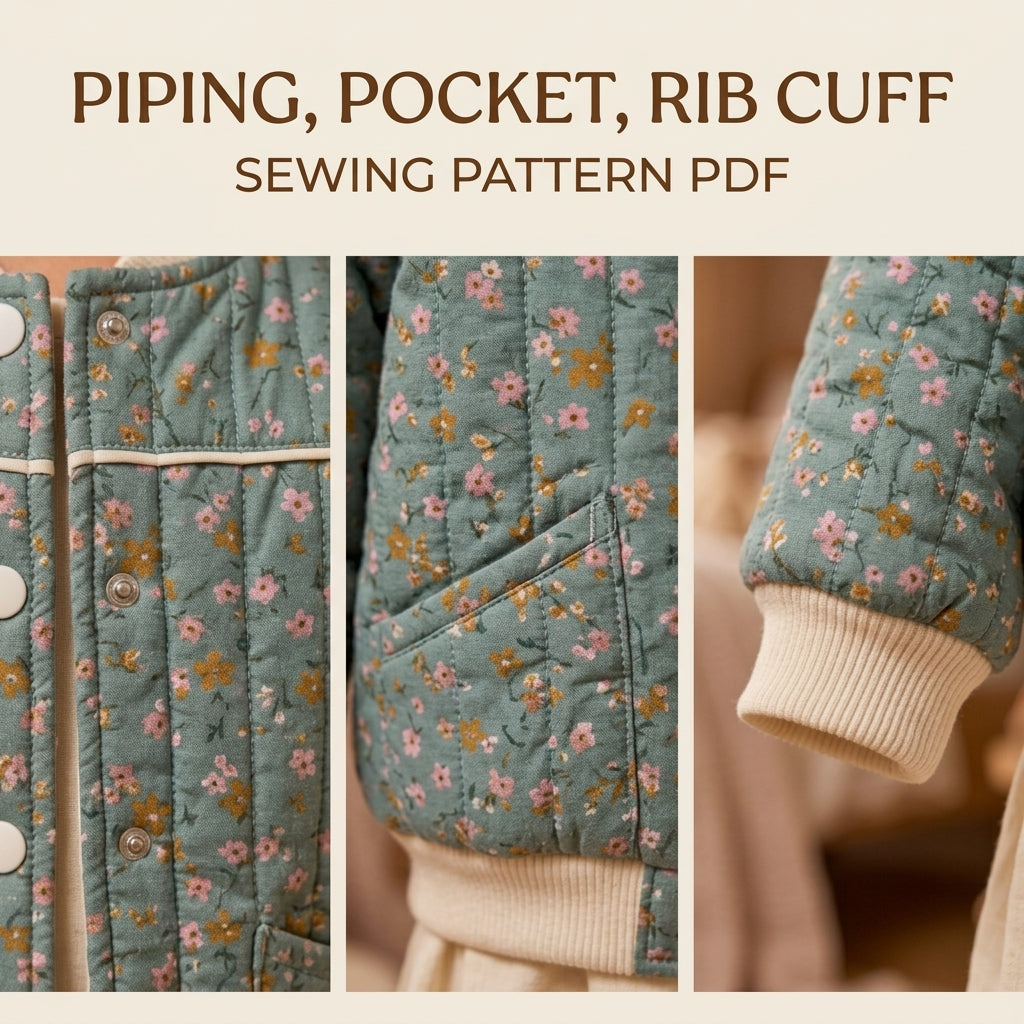Children's Quilted Bomber Jacket Sewing Pattern PDF – Kids' Bomber with Rib Trims and Piping