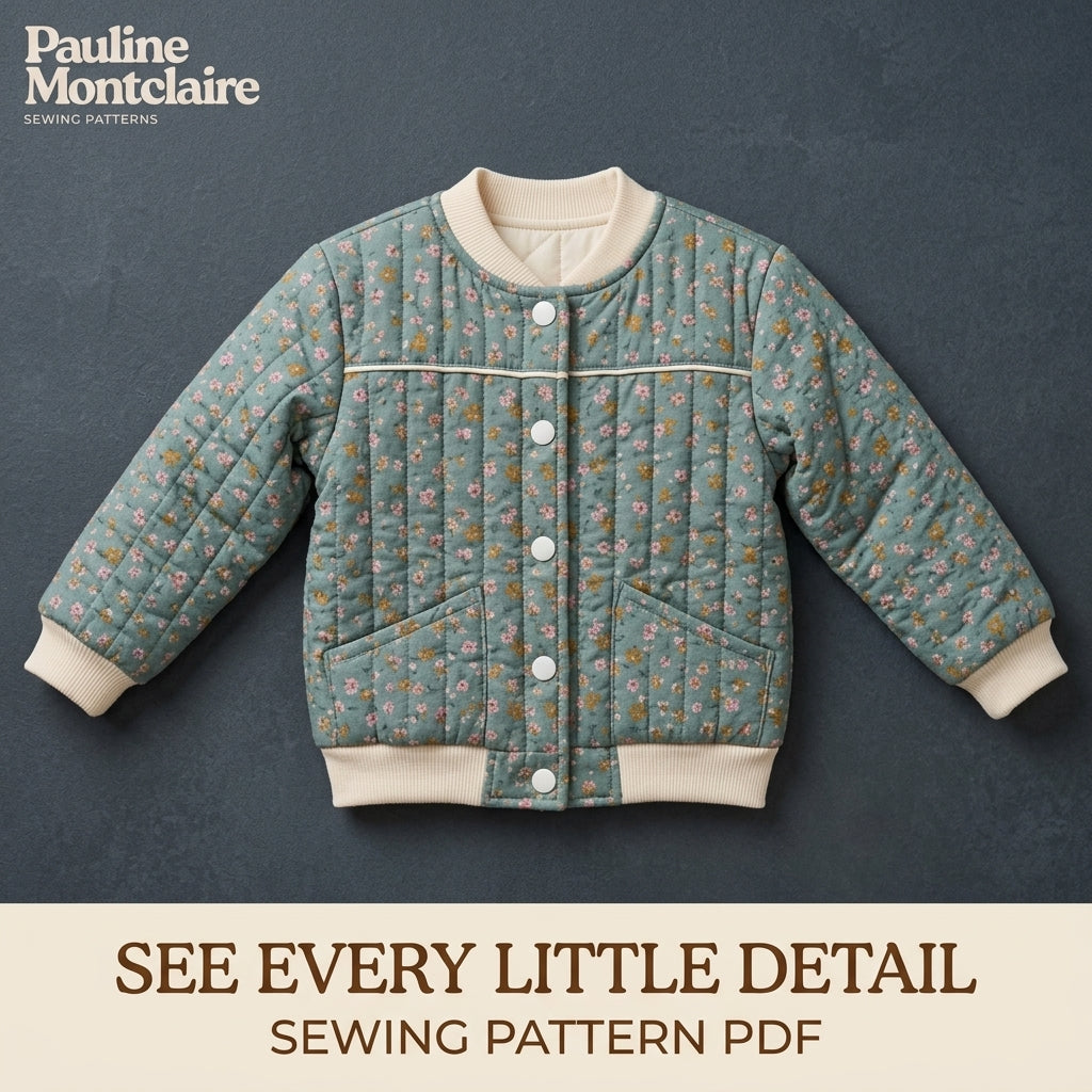 Children's Quilted Bomber Jacket Sewing Pattern PDF – Kids' Bomber with Rib Trims and Piping
