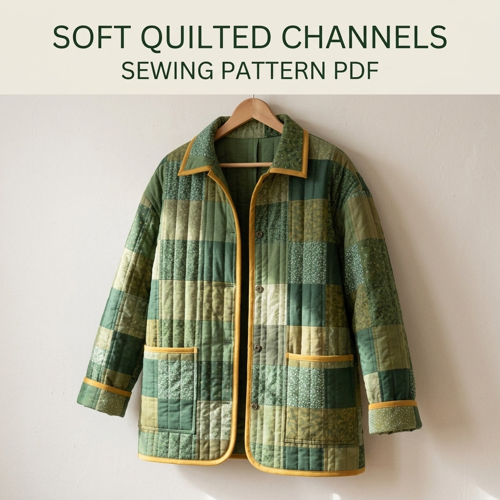 Quilted Patchwork Chore Coat Sewing Pattern PDF – Boxy Hip-Length Quilt Coat with Collar and Patch Pockets