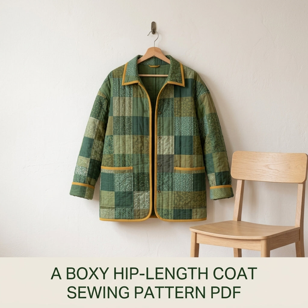 Quilted Patchwork Chore Coat Sewing Pattern PDF – Boxy Hip-Length Quilt Coat with Collar and Patch Pockets